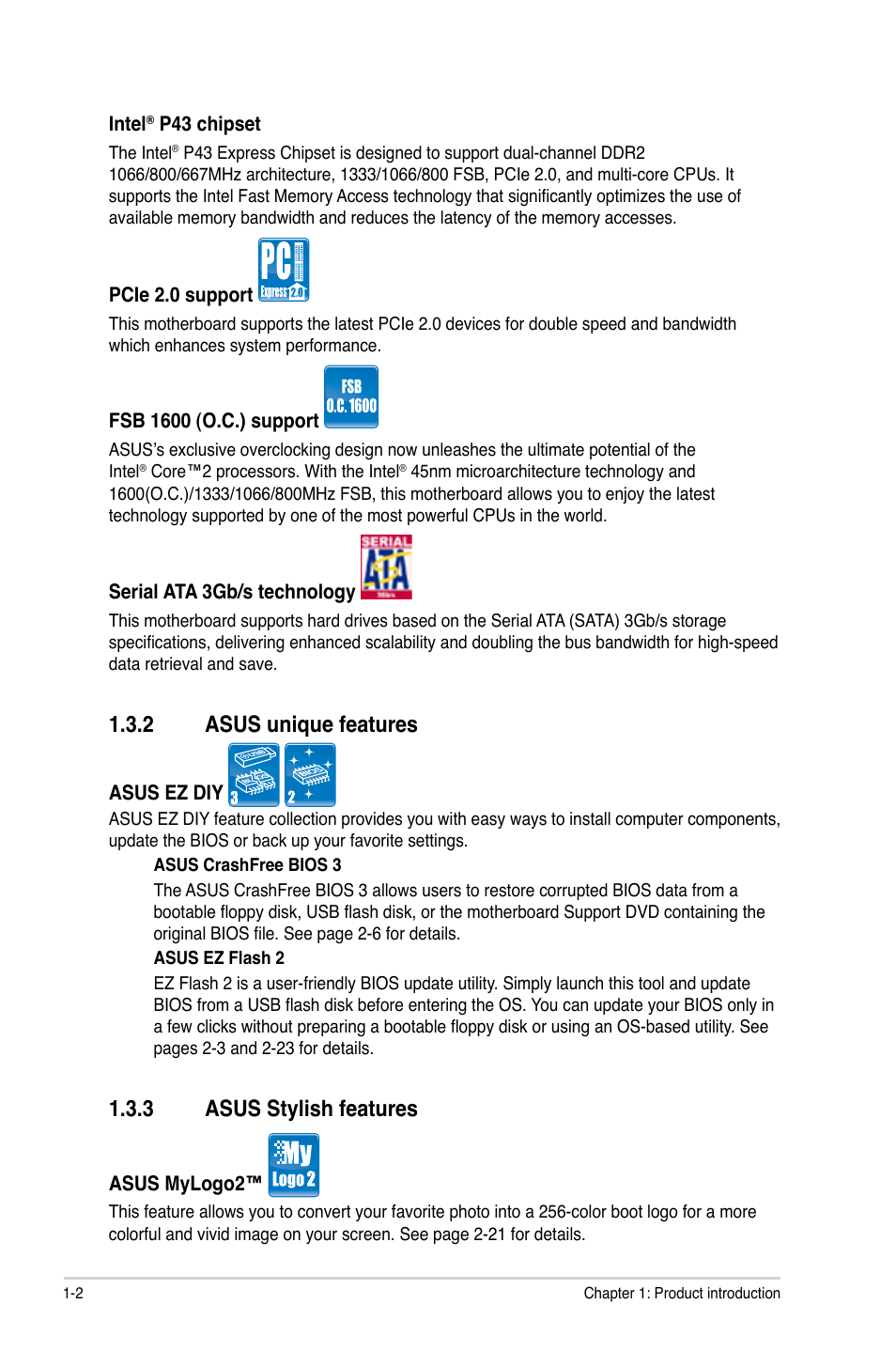 2 asus unique features, 3 asus stylish features, Asus unique features -2 | Asus stylish features -2, Asus.unique.features, Asus.stylish.features | Asus P5QL SE User Manual | Page 12 / 60