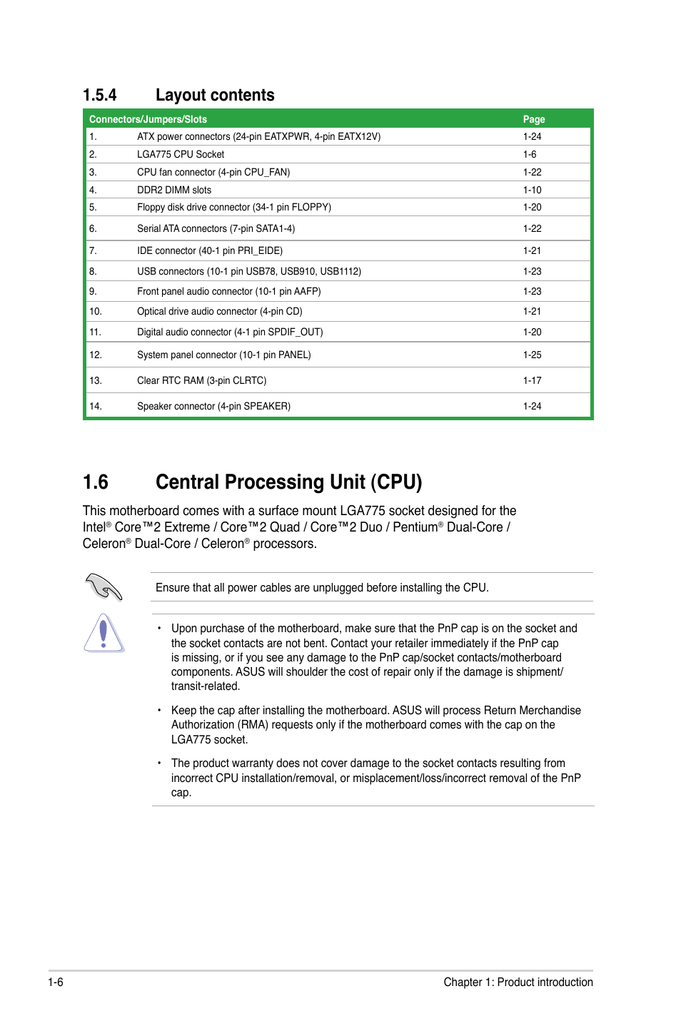 4 layout contents, 6 central processing unit (cpu), Layout contents -6 | Central.processing.unit.(cpu) -6, Central.processing.unit.(cpu), Layout.contents, Dual-core / celeron, Processors | Asus P5QL SE User Manual | Page 16 / 60