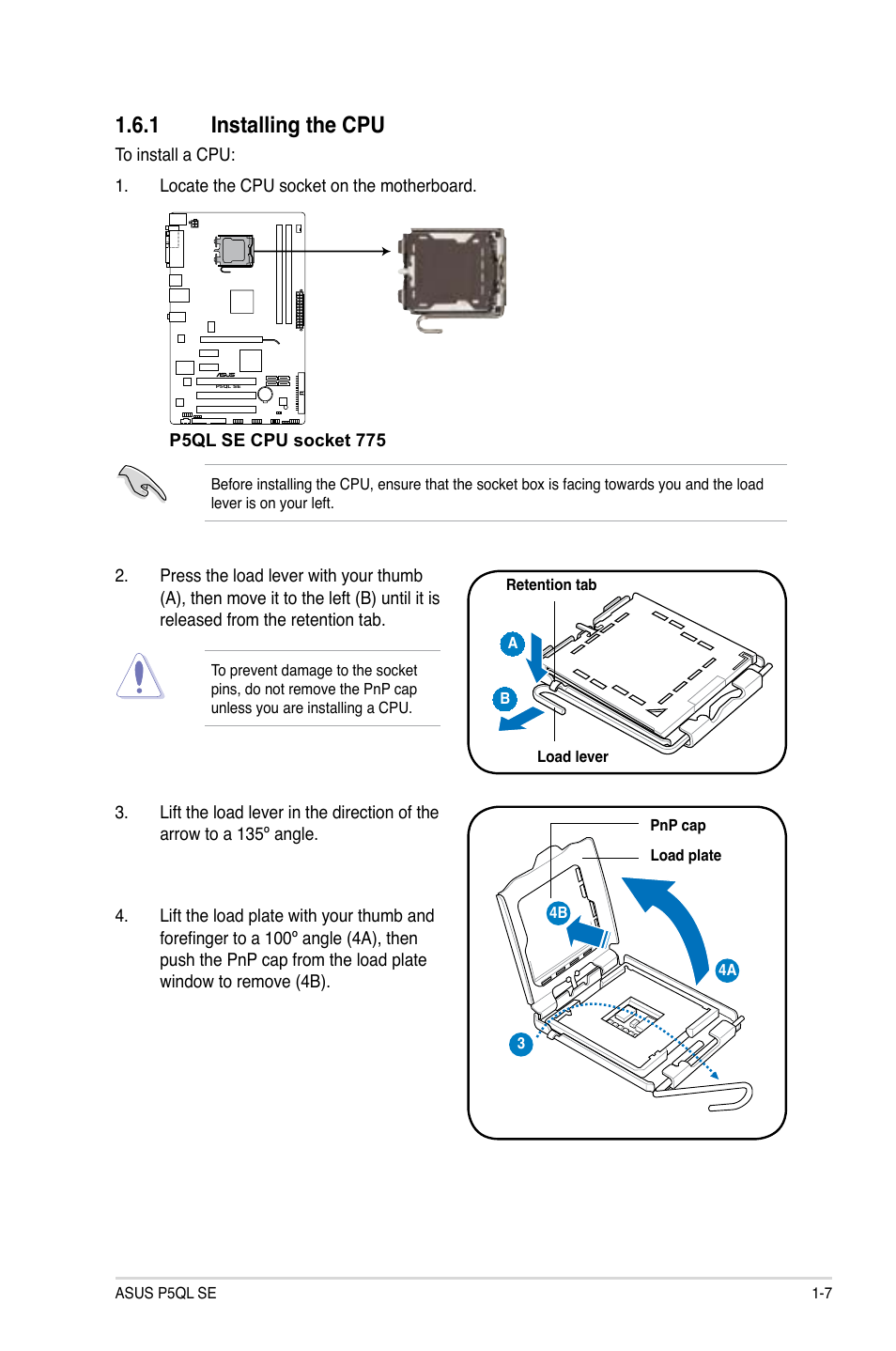 1 installing the cpu, Installing the cpu -7, Installing.the.cpu | Asus P5QL SE User Manual | Page 17 / 60