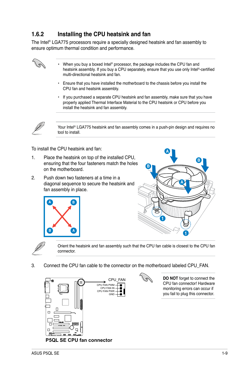 2 installing the cpu heatsink and fan, Installing the cpu heatsink and fan -9, Installing.the.cpu.heatsink.and.fan | Asus P5QL SE User Manual | Page 19 / 60