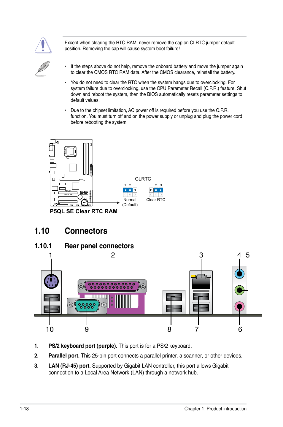 10 connectors, 1 rear panel connectors, Connectors -18 | 1 rear panel connectors -18, Connectors | Asus P5QL SE User Manual | Page 28 / 60