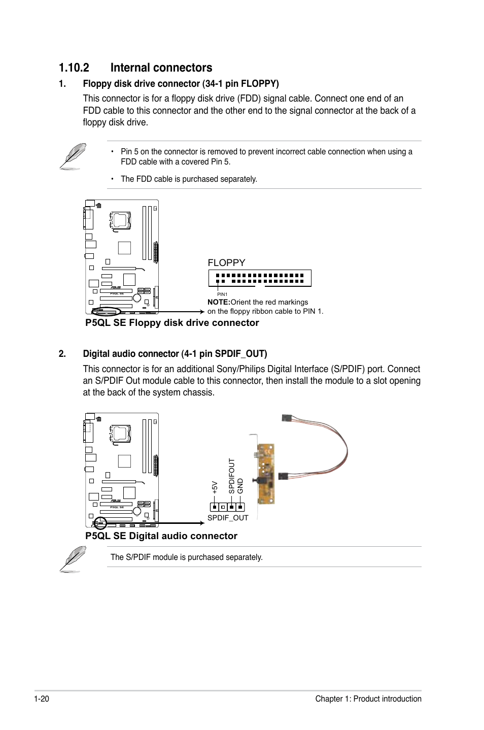 2 internal connectors, 2 internal connectors -20, Internal.connectors | Asus P5QL SE User Manual | Page 30 / 60