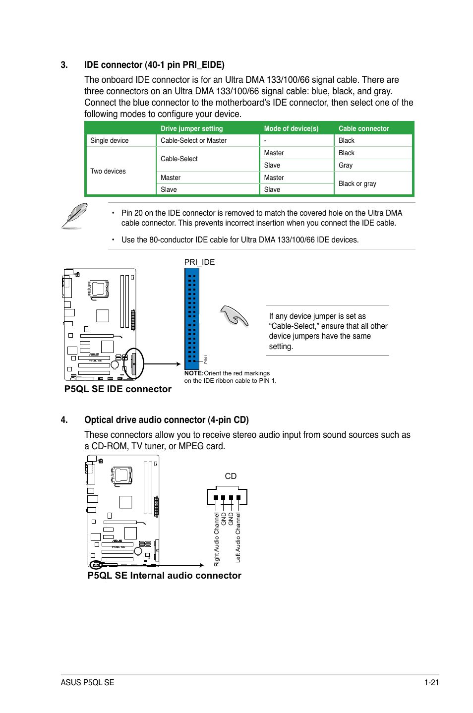 P5ql se ide connector, P5ql se internal audio connector | Asus P5QL SE User Manual | Page 31 / 60