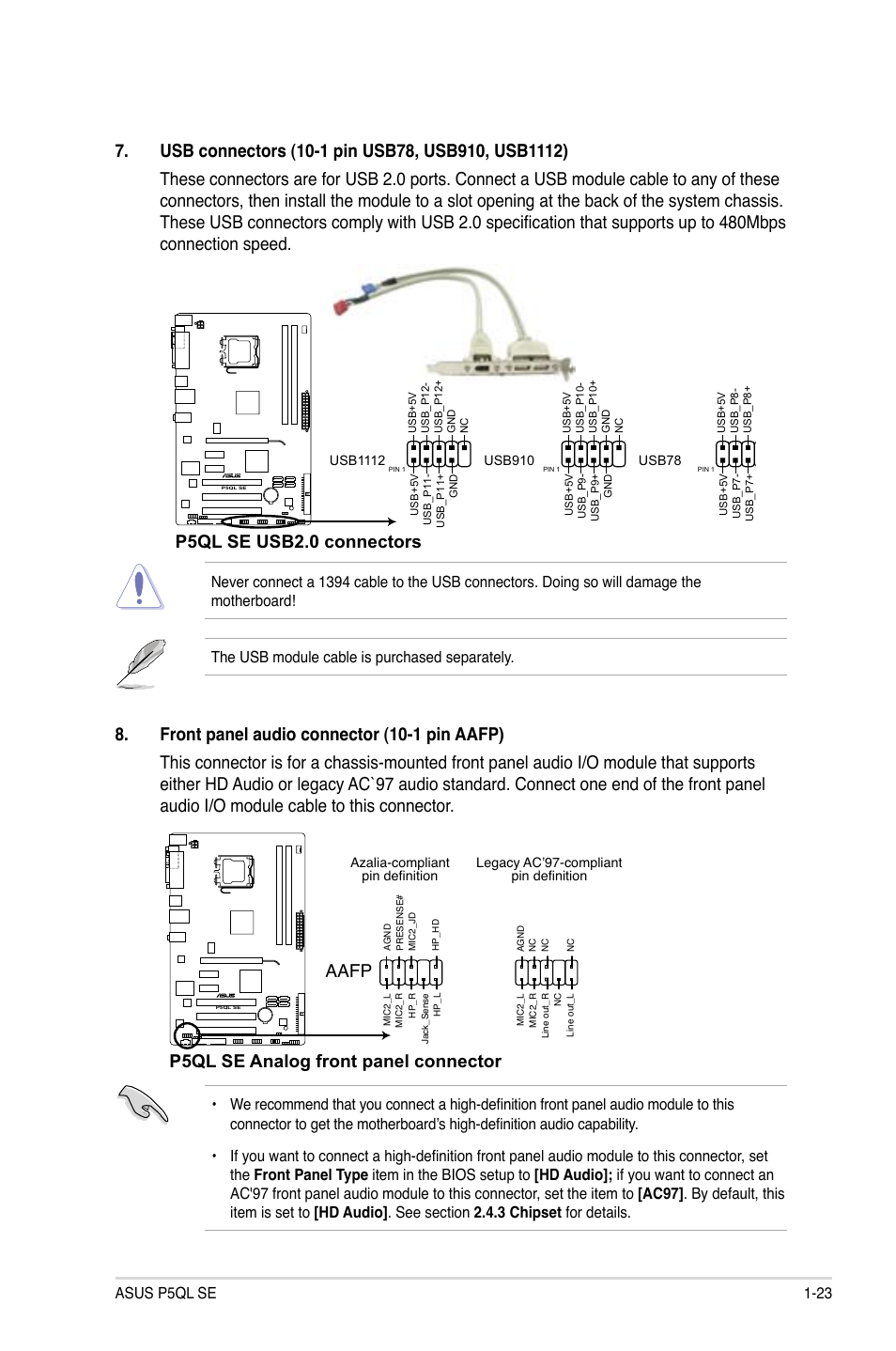 P5ql se usb2.0 connectors, P5ql se analog front panel connector, Aafp | Asus p5ql se 1-23 | Asus P5QL SE User Manual | Page 33 / 60