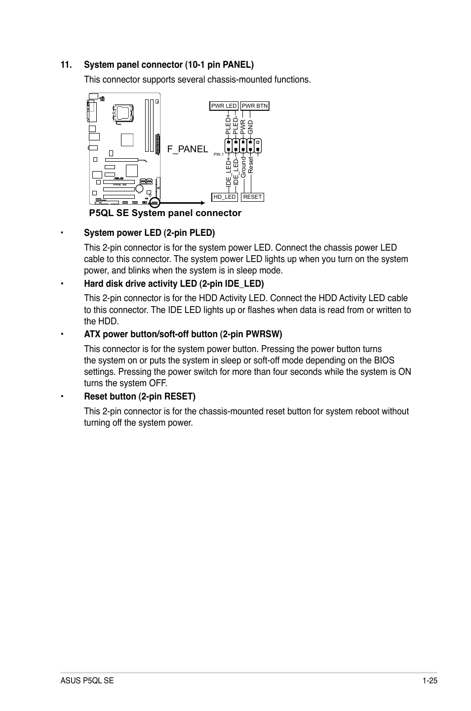 P5ql se system panel connector, F_panel | Asus P5QL SE User Manual | Page 35 / 60