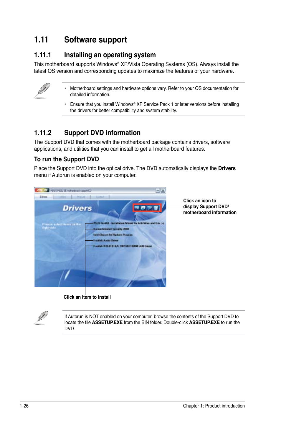 11 software support, 1 installing an operating system, 2 support dvd information | Software.support -26, Software.support, Installing.an.operating.system, Support.dvd.information | Asus P5QL SE User Manual | Page 36 / 60