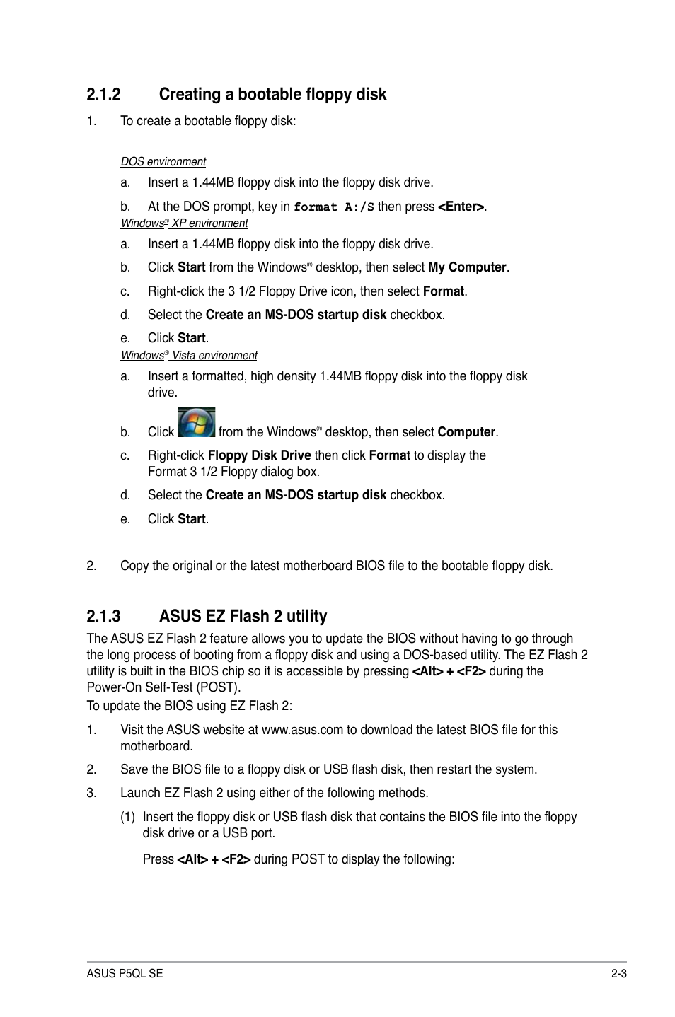 2 creating a bootable floppy disk, 3 asus ez flash 2 utility, Creating a bootable floppy disk -3 | Asus ez flash 2 utility -3, Asus.ez.flash.2.utility | Asus P5QL SE User Manual | Page 39 / 60