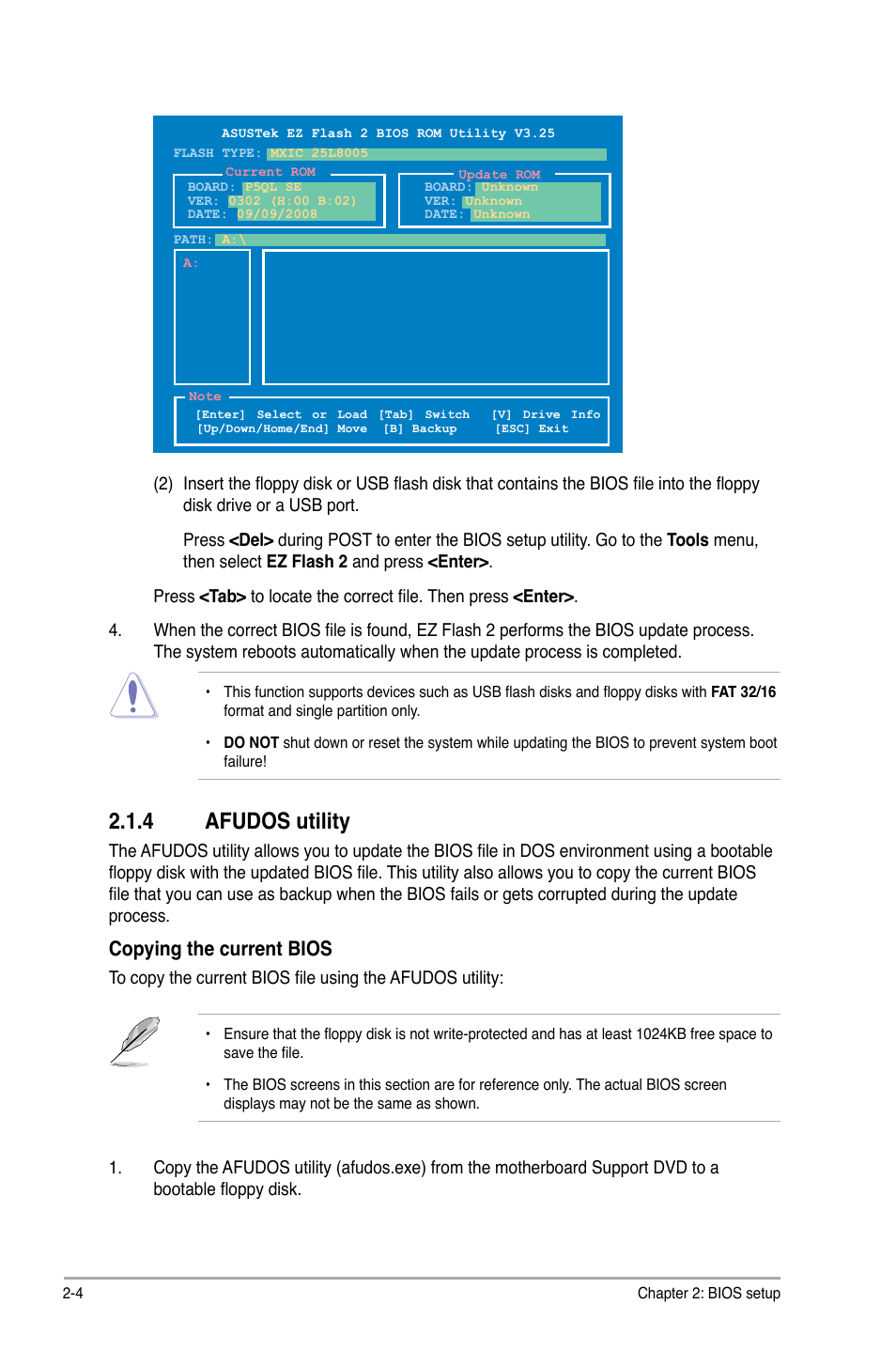 4 afudos utility, Afudos utility -4, Afudos.utility | Copying.the.current.bios | Asus P5QL SE User Manual | Page 40 / 60