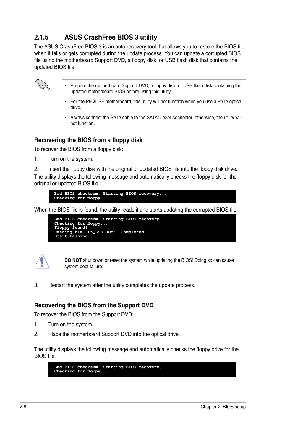 5 asus crashfree bios 3 utility, Asus crashfree bios 3 utility -6, Asus.crashfree.bios.3.utility | Recovering the bios from a floppy disk, Recovering.the.bios.from.the.support.dvd | Asus P5QL SE User Manual | Page 42 / 60