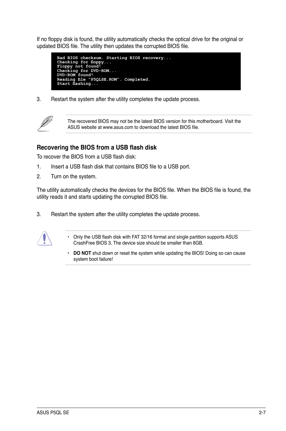 Recovering the bios from a usb flash disk | Asus P5QL SE User Manual | Page 43 / 60