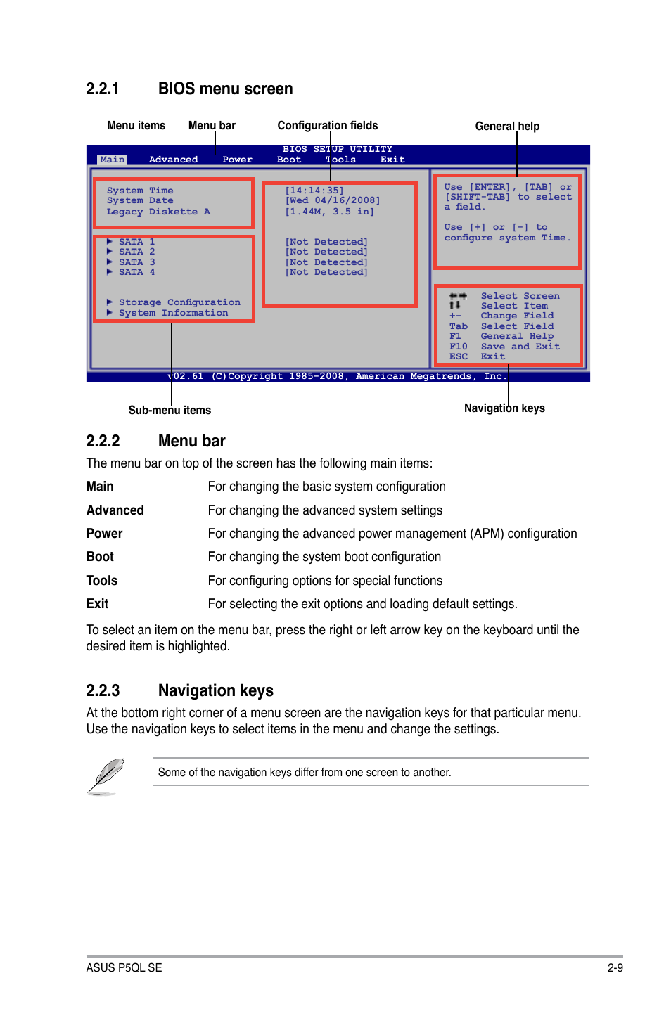 1 bios menu screen, 2 menu bar, 3 navigation keys | Bios menu screen -9, Menu bar -9, Navigation keys -9, Bios.menu.screen, Menu.bar, Navigation.keys | Asus P5QL SE User Manual | Page 45 / 60