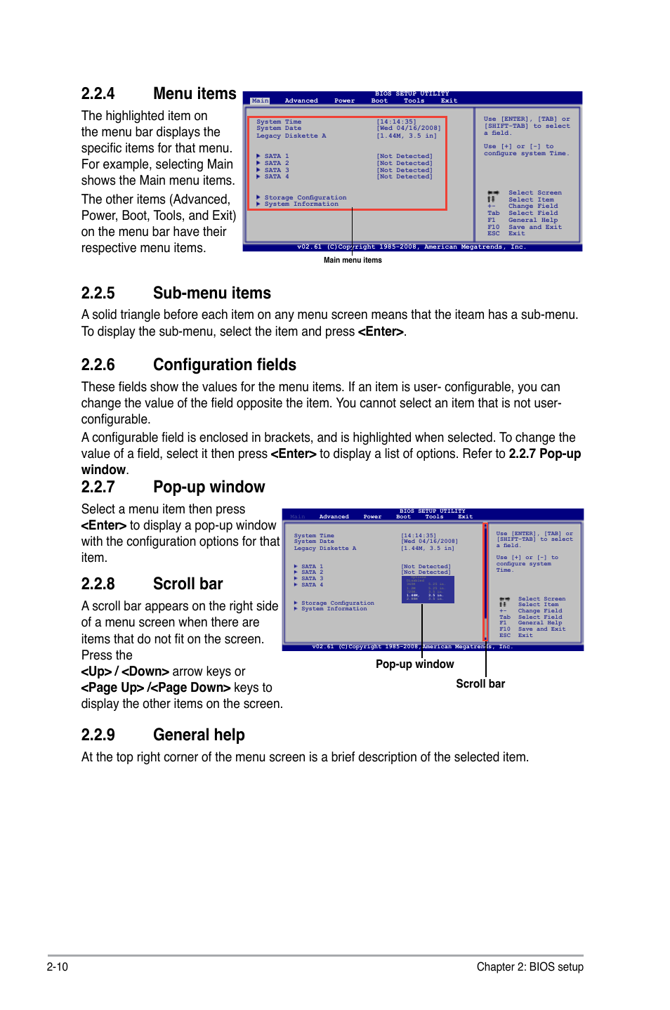 4 menu items, 5 sub-menu items, 6 configuration fields | 7 pop-up window, 8 scroll bar, 9 general help, Menu items -10, Sub-menu items -10, Configuration fields -10, Pop-up window -10 | Asus P5QL SE User Manual | Page 46 / 60