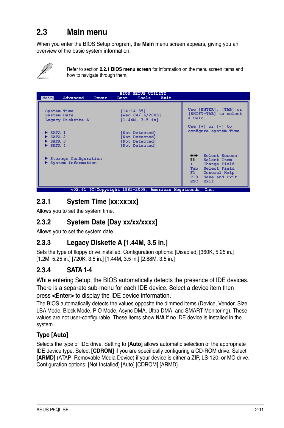 3 main menu, 1 system time, 2 system date | 3 legacy diskette a, 4 sata 1-4, Main.menu -11 2.3.1, System time -11, System date -11, Legacy diskette a -11, Sata 1-4 -11 | Asus P5QL SE User Manual | Page 47 / 60