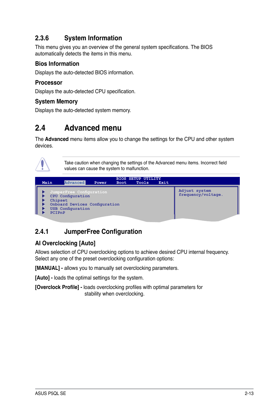 6 system information, 4 advanced menu, 1 jumperfree configuration | System information -13, Advanced.menu -13 2.4.1, Jumperfree configuration -13, Advanced.menu, System.information | Asus P5QL SE User Manual | Page 49 / 60