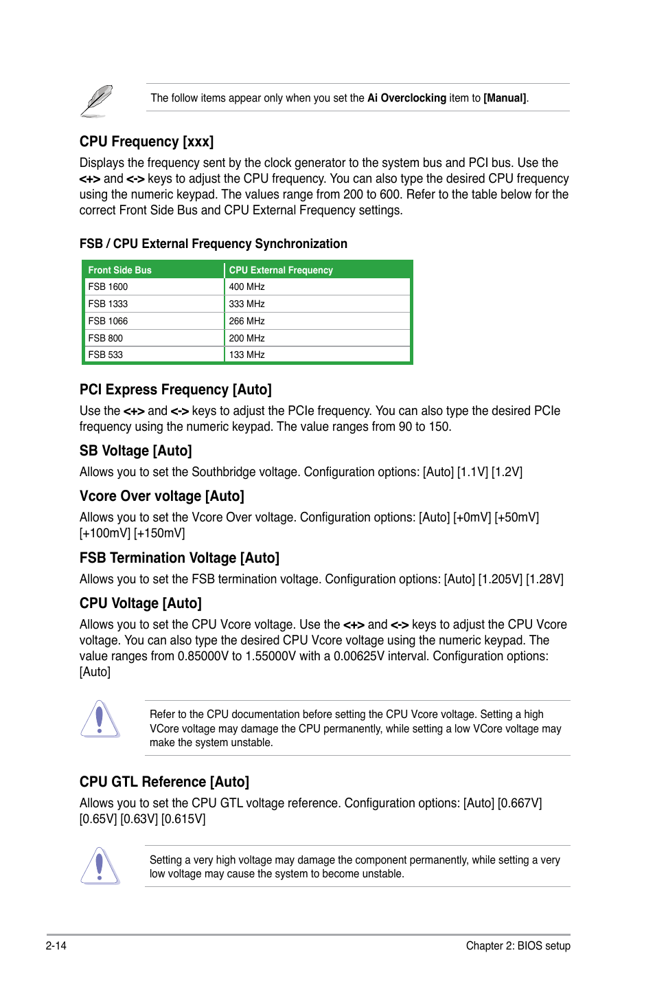 Cpu.frequency.[xxx, Pci.express.frequency.[auto, Sb.voltage.[auto | Vcore.over.voltage.[auto, Fsb.termination.voltage.[auto, Cpu.voltage.[auto, Cpu.gtl.reference.[auto | Asus P5QL SE User Manual | Page 50 / 60