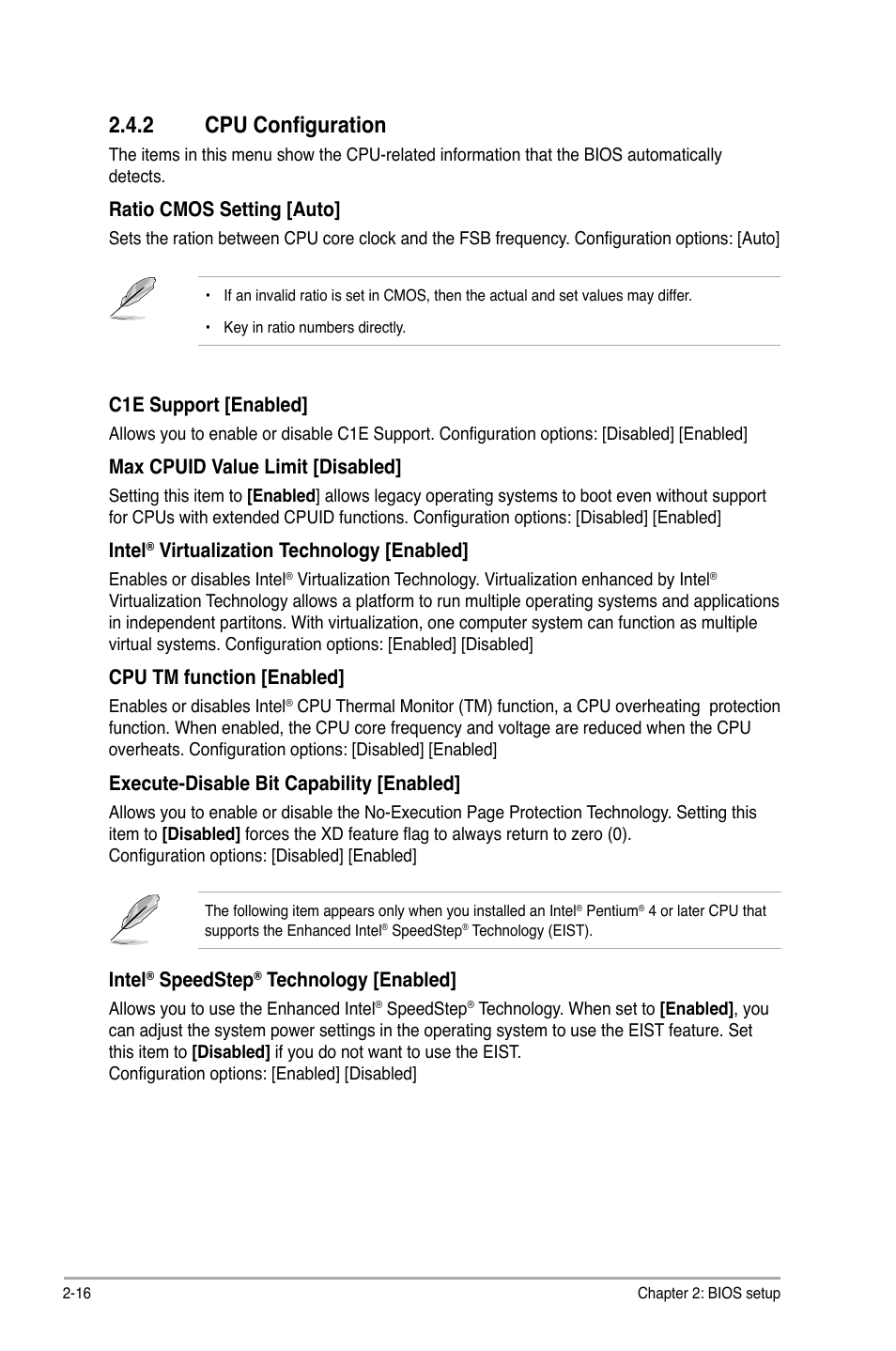 2 cpu configuration, Cpu configuration -16, Ratio.cmos.setting.[auto | C1e.support.[enabled, Max.cpuid.value.limit.[disabled, Intel, Virtualization.technology.[enabled, Cpu.tm.function.[enabled, Execute-disable.bit.capability.[enabled, Speedstep | Asus P5QL SE User Manual | Page 52 / 60