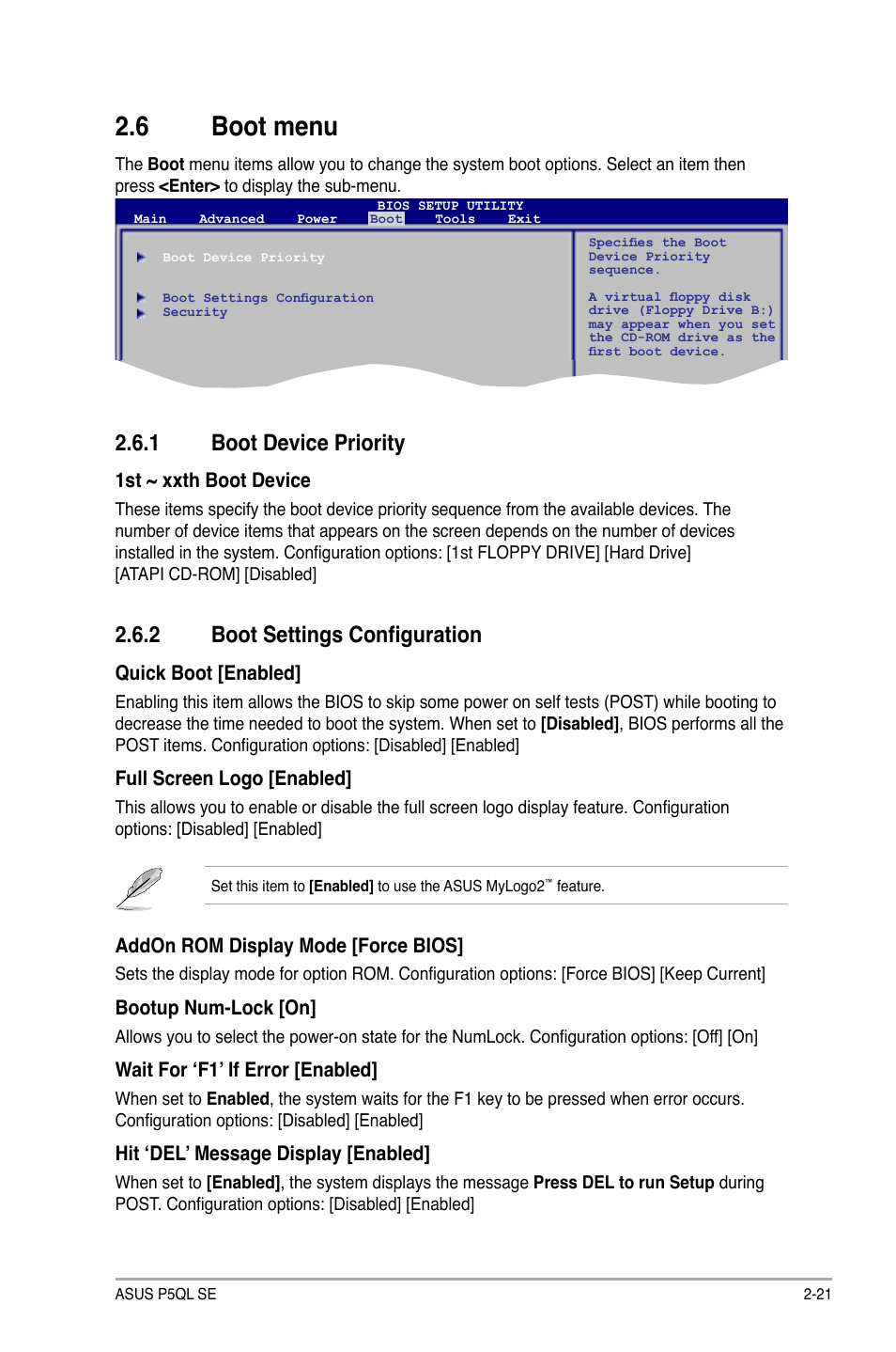 6 boot menu, 1 boot device priority, 2 boot settings configuration | Boot.menu -21 2.6.1, Boot device priority -21, Boot settings configuration -21, Boot.menu, Boot.device.priority | Asus P5QL SE User Manual | Page 57 / 60