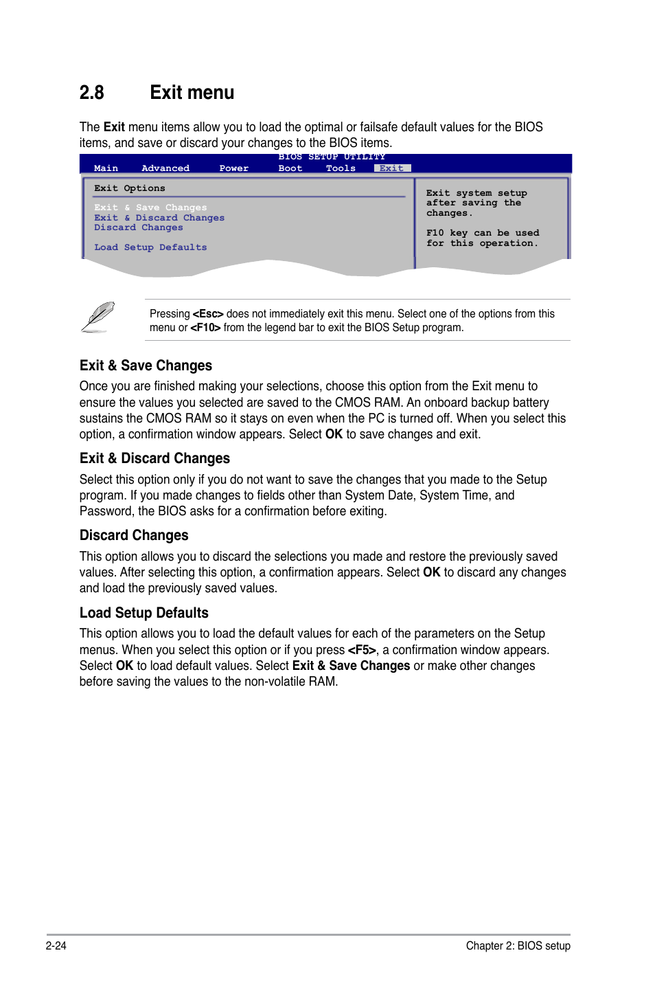 8 exit menu, Exit.menu -24, Exit.menu | Exit.&.save.changes, Exit.&.discard.changes, Discard.changes, Load.setup.defaults | Asus P5QL SE User Manual | Page 60 / 60