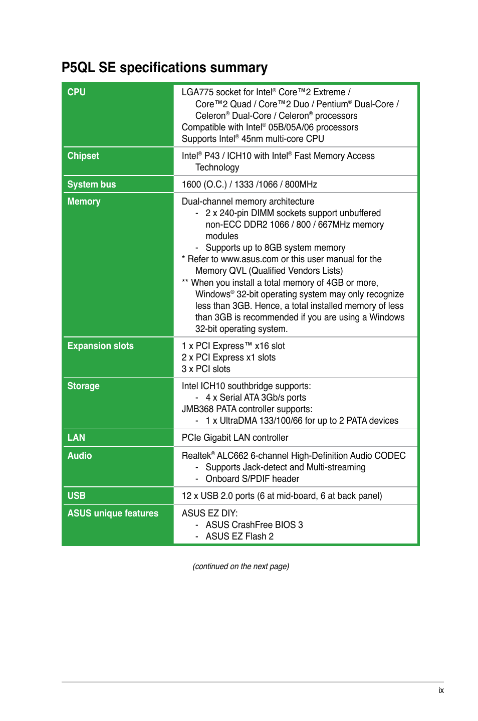 P5ql se specifications summary | Asus P5QL SE User Manual | Page 9 / 60