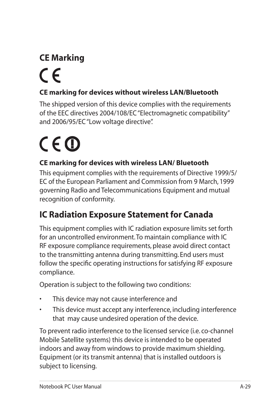 Ce marking, Ic radiation exposure statement for canada | Asus X7DSL User Manual | Page 105 / 120