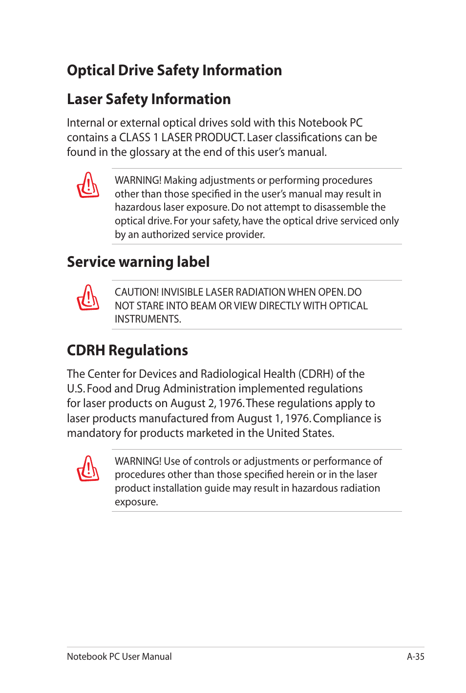 Optical drive safety information, Laser safety information, Service warning label | Cdrh regulations | Asus X7DSL User Manual | Page 111 / 120