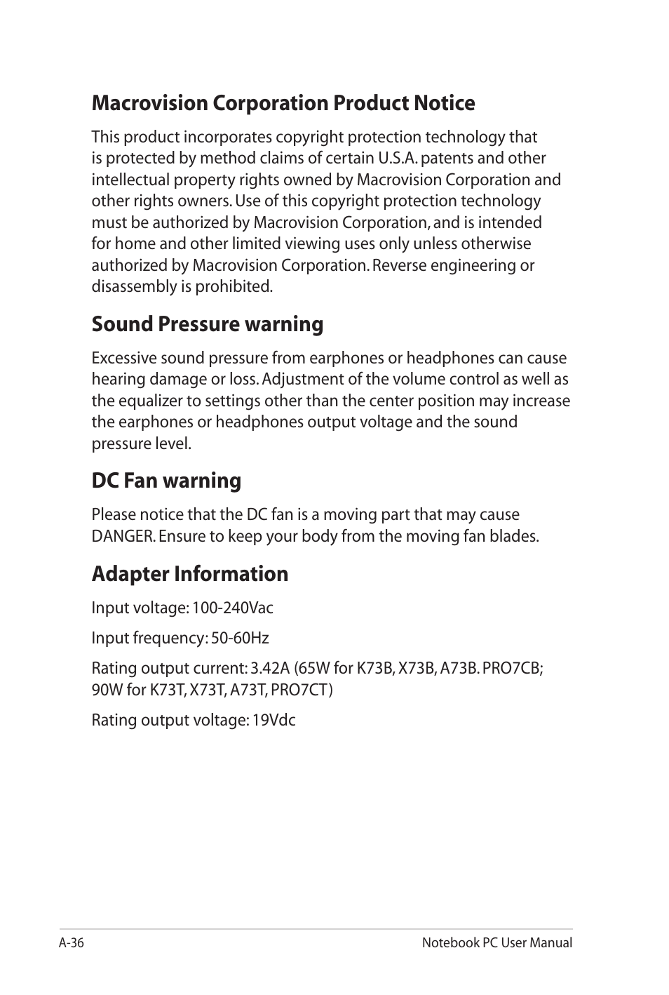 Macrovision corporation product notice, Sound pressure warning, Dc fan warning | Adapter information | Asus X7DSL User Manual | Page 112 / 120