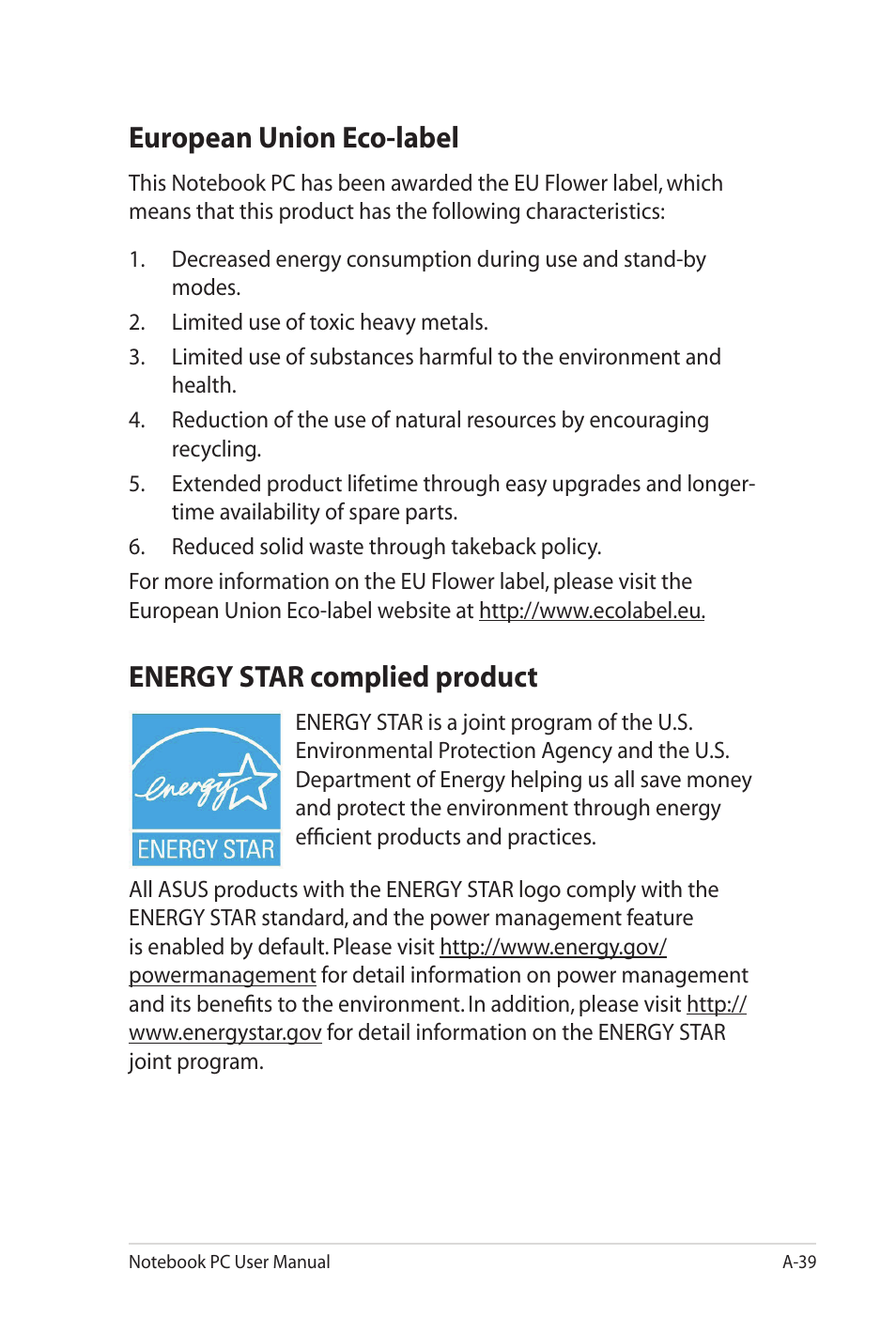 European union eco-label, Energy star complied product | Asus X7DSL User Manual | Page 115 / 120