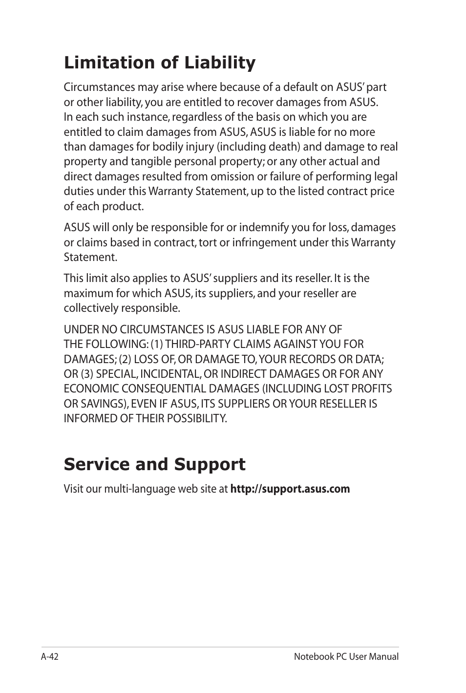 Limitation of liability, Service and support | Asus X7DSL User Manual | Page 118 / 120