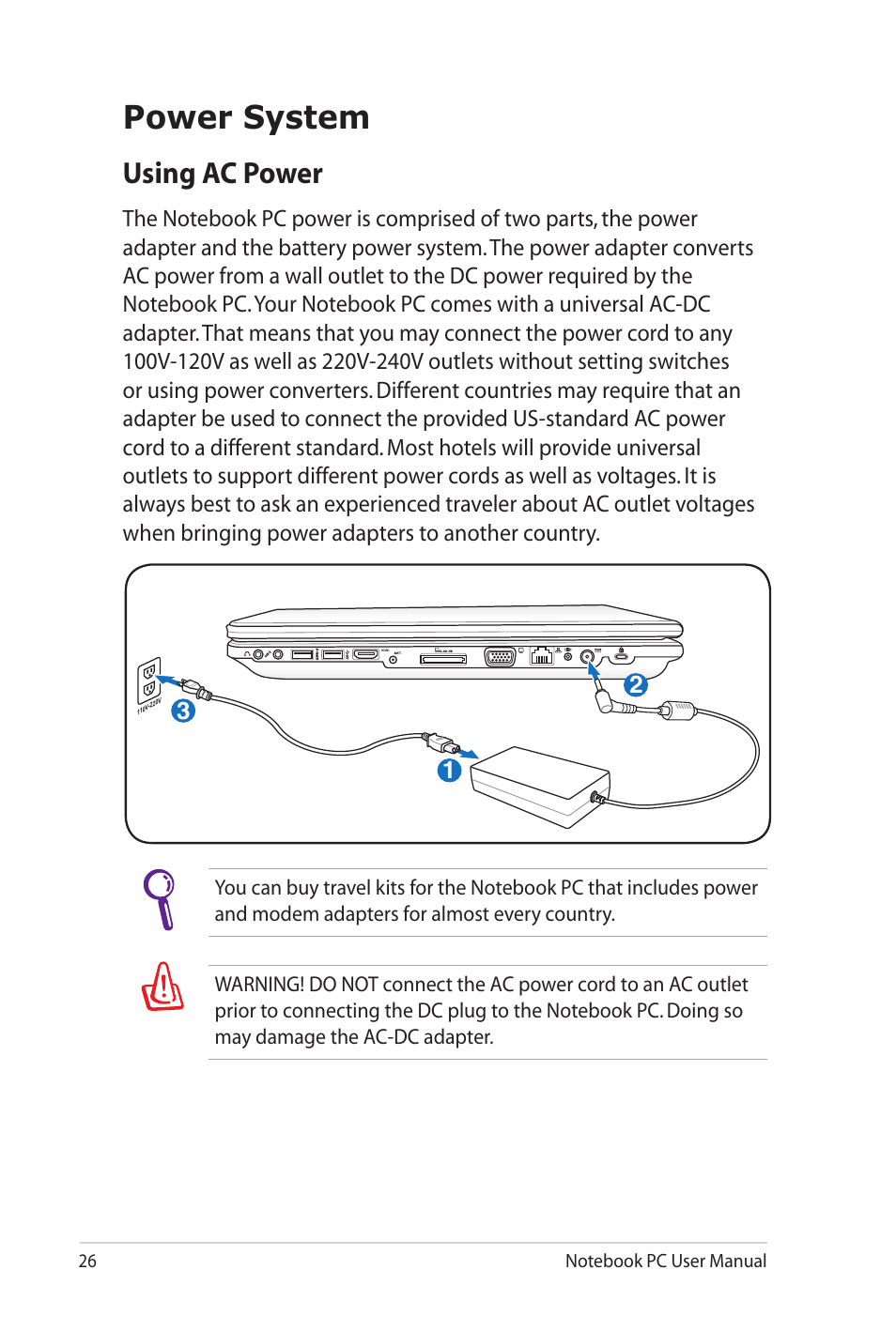 Power system, Using ac power | Asus X7DSL User Manual | Page 26 / 120