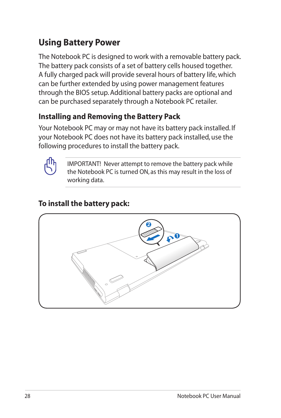 Using battery power, Installing and removing the battery pack | Asus X7DSL User Manual | Page 28 / 120