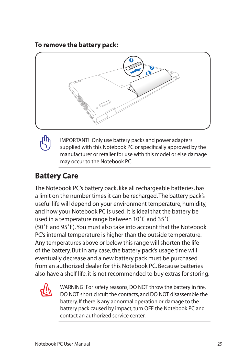 Battery care | Asus X7DSL User Manual | Page 29 / 120