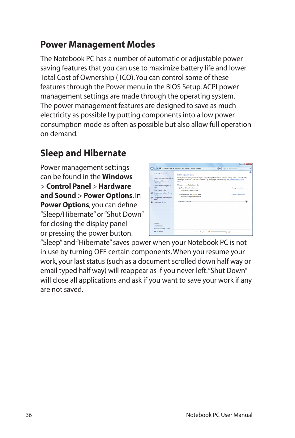 Power management modes, Sleep and hibernate, Power management modes sleep and hibernate | Asus X7DSL User Manual | Page 36 / 120