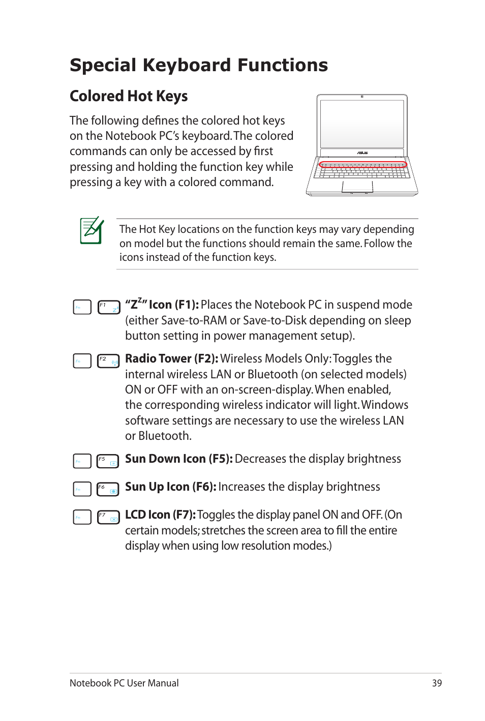 Special keyboard functions, Colored hot keys | Asus X7DSL User Manual | Page 39 / 120