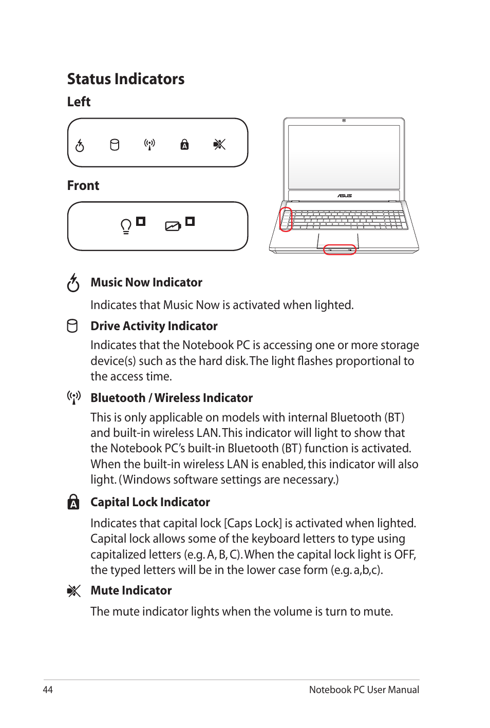 Status indicators | Asus X7DSL User Manual | Page 44 / 120