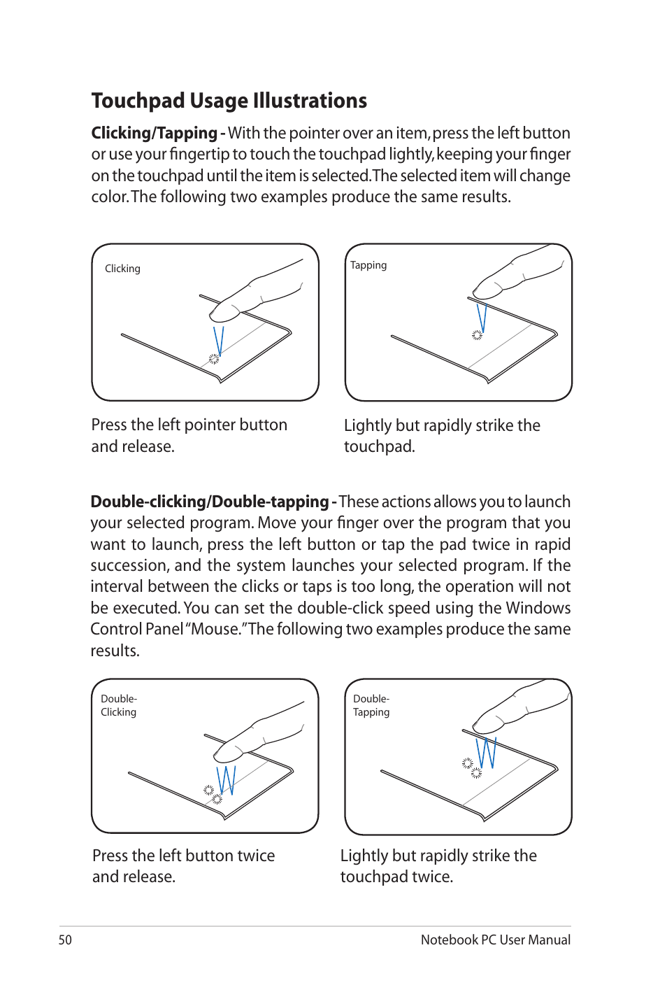 Touchpad usage illustrations | Asus X7DSL User Manual | Page 50 / 120