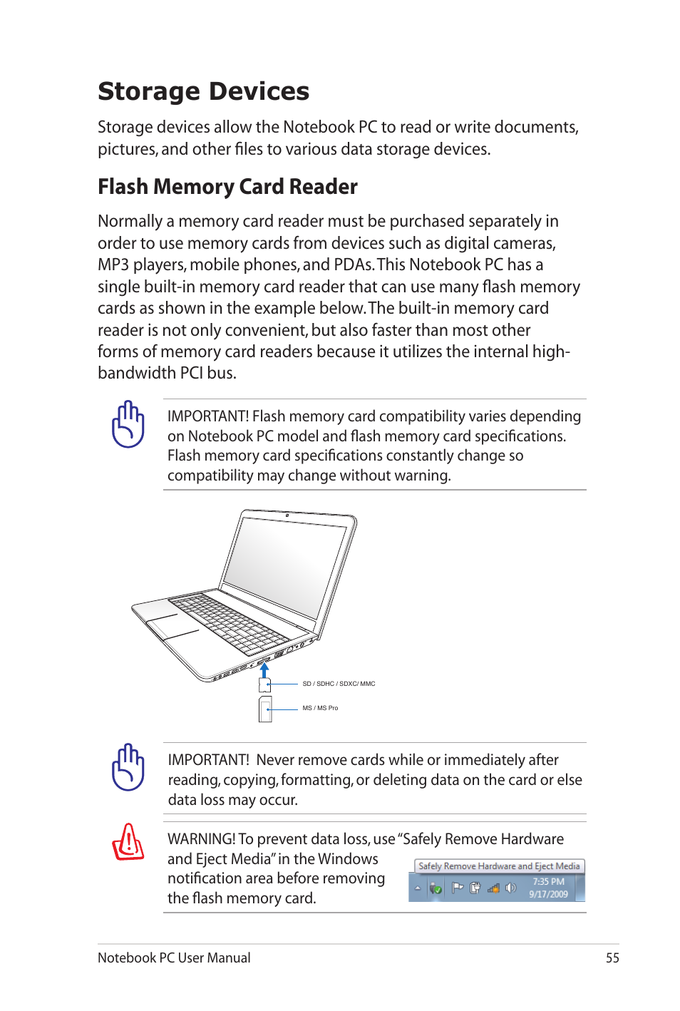 Storage devices, Flash memory card reader | Asus X7DSL User Manual | Page 55 / 120