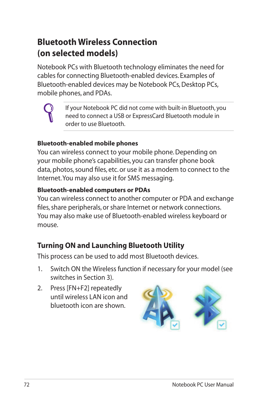 Bluetooth wireless connection(on selected models), Bluetooth wireless connection (on selected models) | Asus X7DSL User Manual | Page 72 / 120