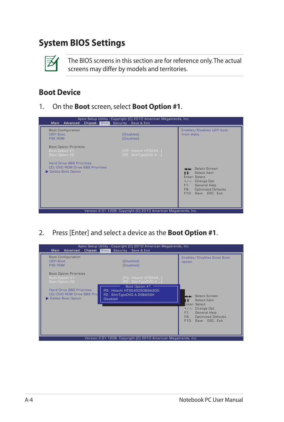 System bios settings, Boot device, On the boot screen, select boot option #1 | Asus X7DSL User Manual | Page 80 / 120