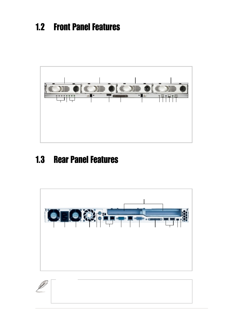 2 front panel features, 3 rear panel features | Asus AP1600R-S5 User Manual | Page 15 / 50
