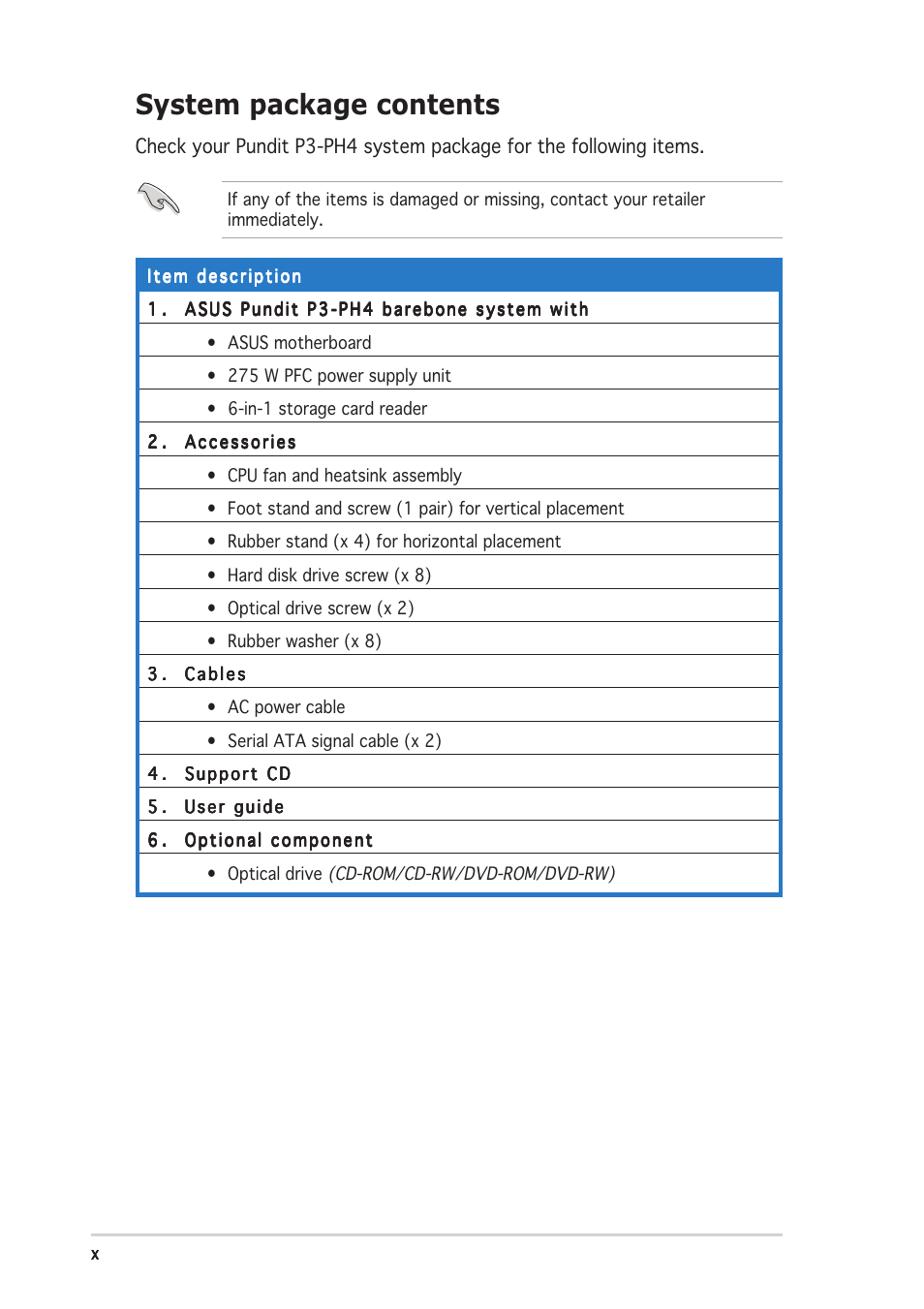 System package contents | Asus P3-PH4 User Manual | Page 10 / 96