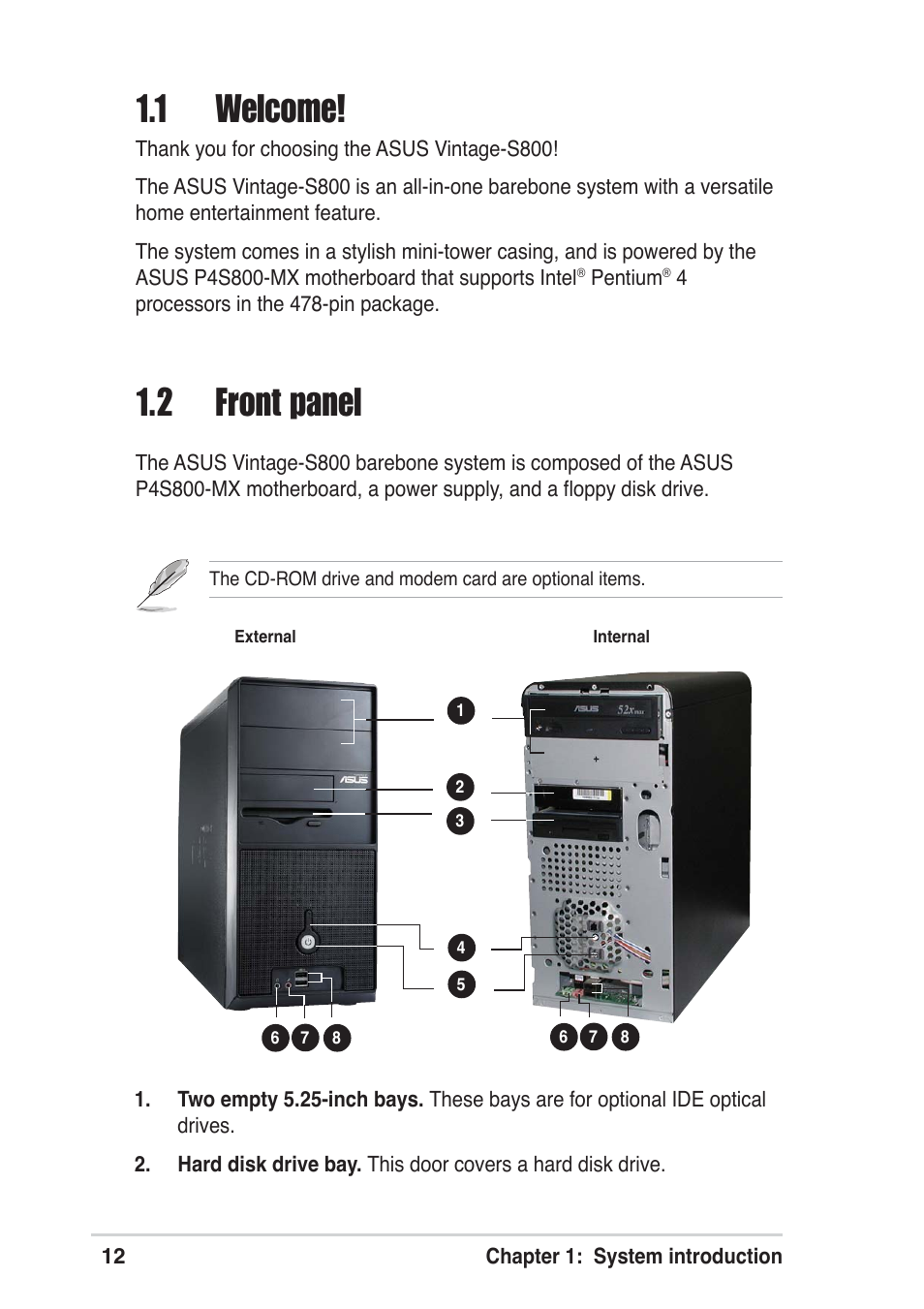 2 front panel, 1 welcome | Asus Vintage User Manual | Page 12 / 86