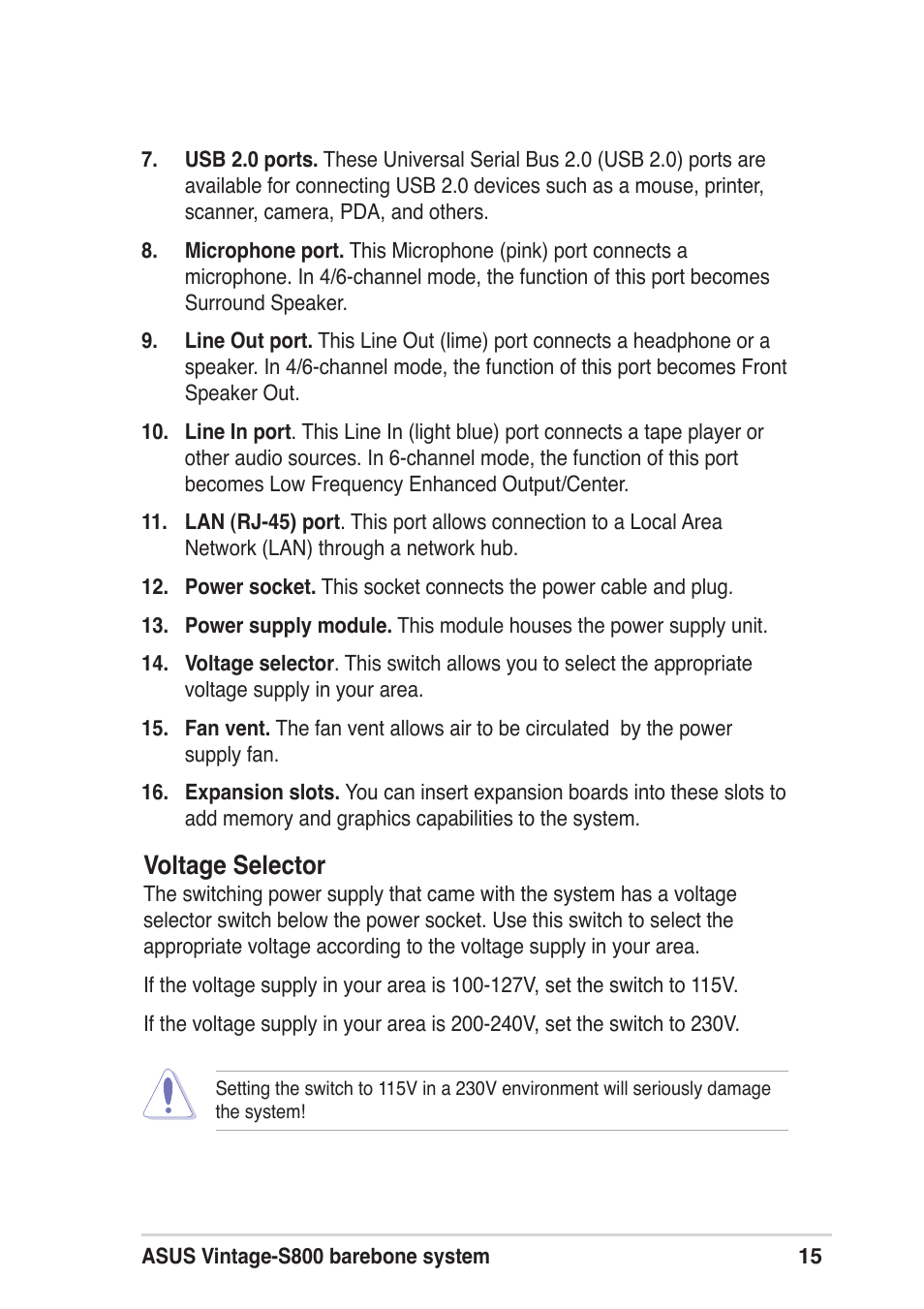 Voltage selector | Asus Vintage User Manual | Page 15 / 86