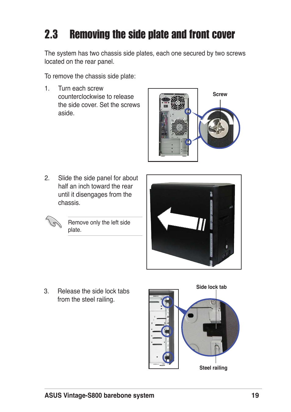 3 removing the side plate and front cover | Asus Vintage User Manual | Page 19 / 86