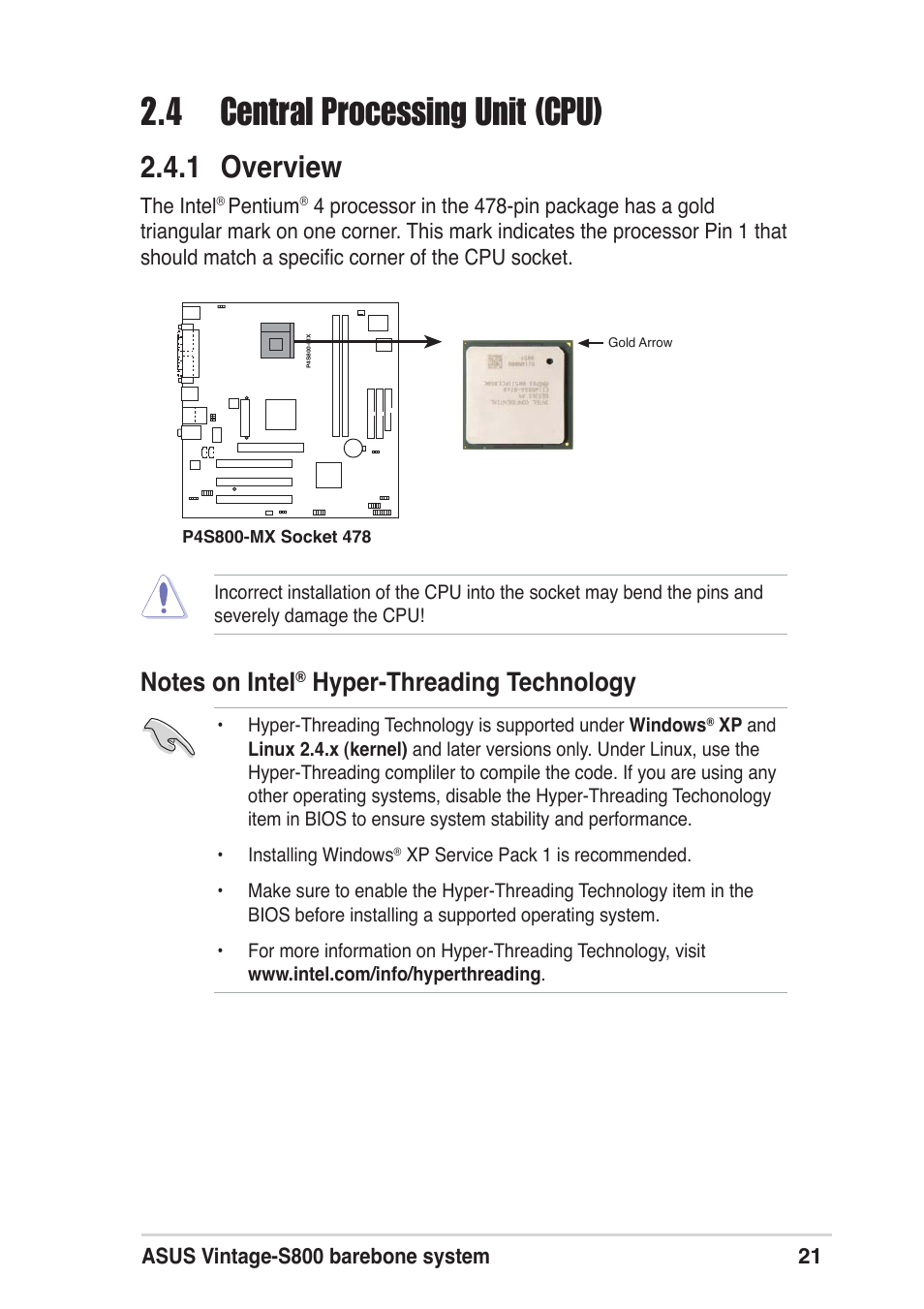 4 central processing unit (cpu), 1 overview, Hyper-threading technology | Asus Vintage User Manual | Page 21 / 86