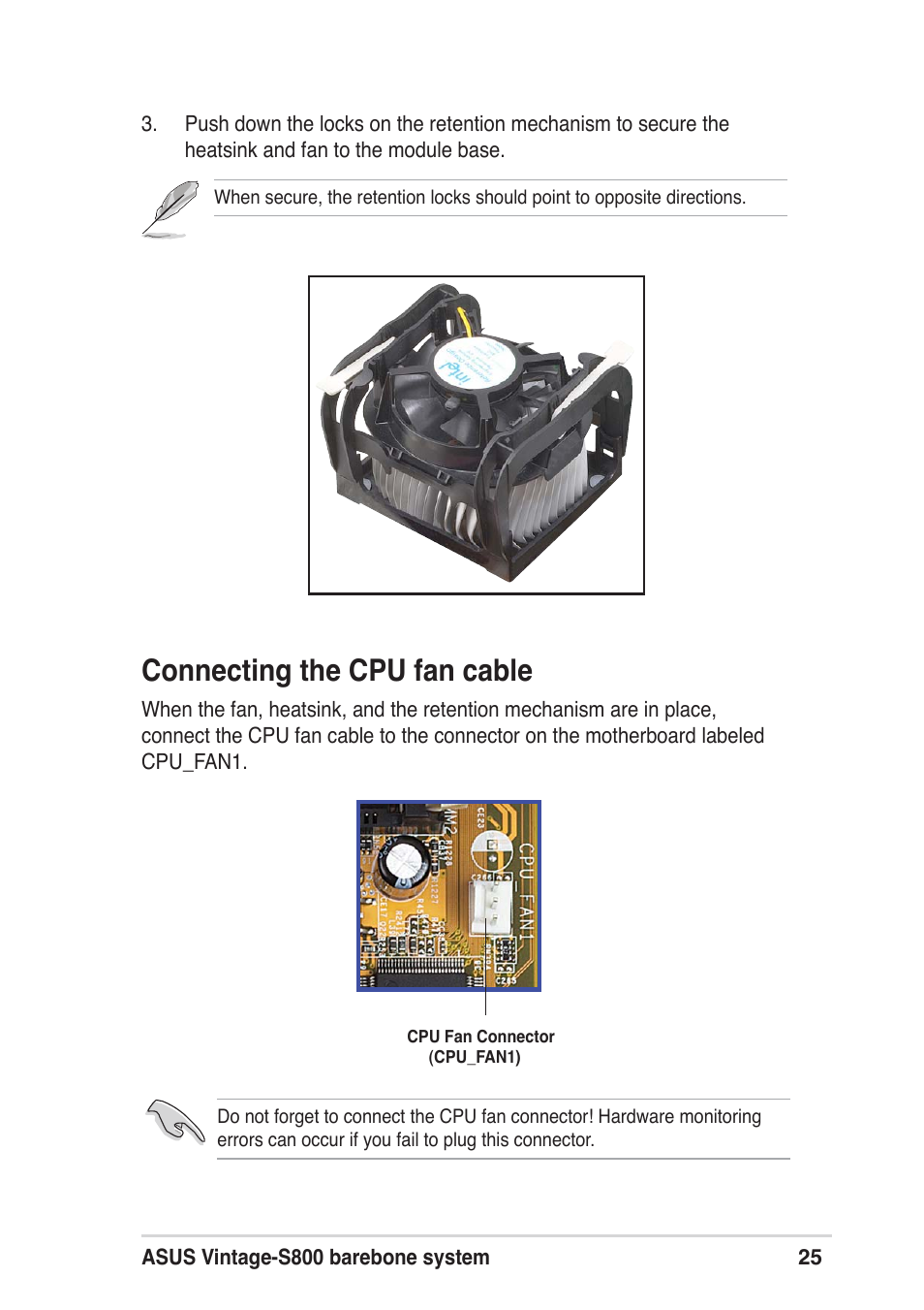 Connecting the cpu fan cable | Asus Vintage User Manual | Page 25 / 86