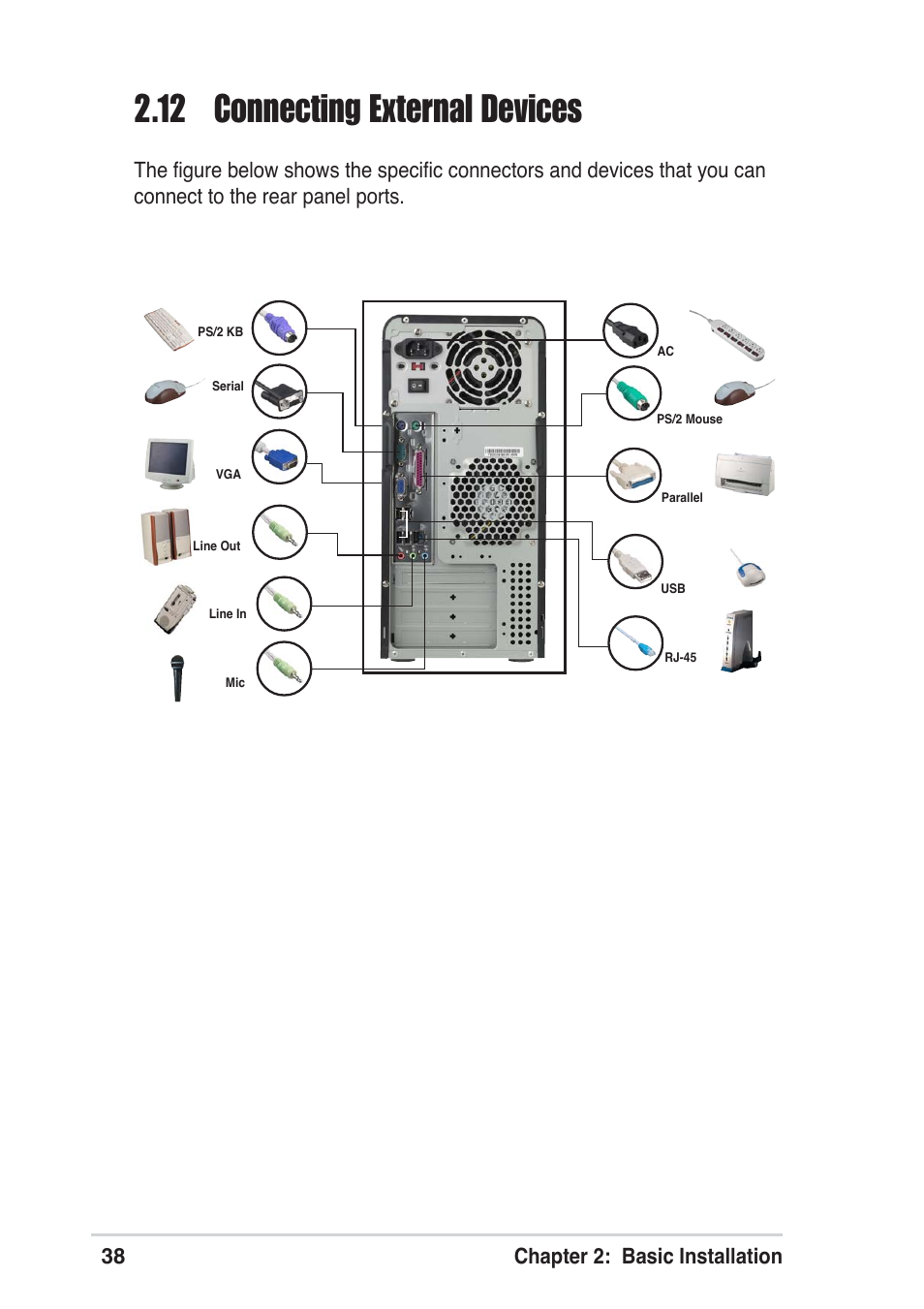 12 connecting external devices, 38 chapter 2: basic installation | Asus Vintage User Manual | Page 38 / 86