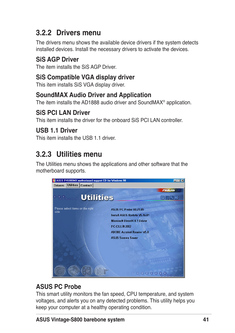 2 drivers menu, 3 utilities menu | Asus Vintage User Manual | Page 41 / 86