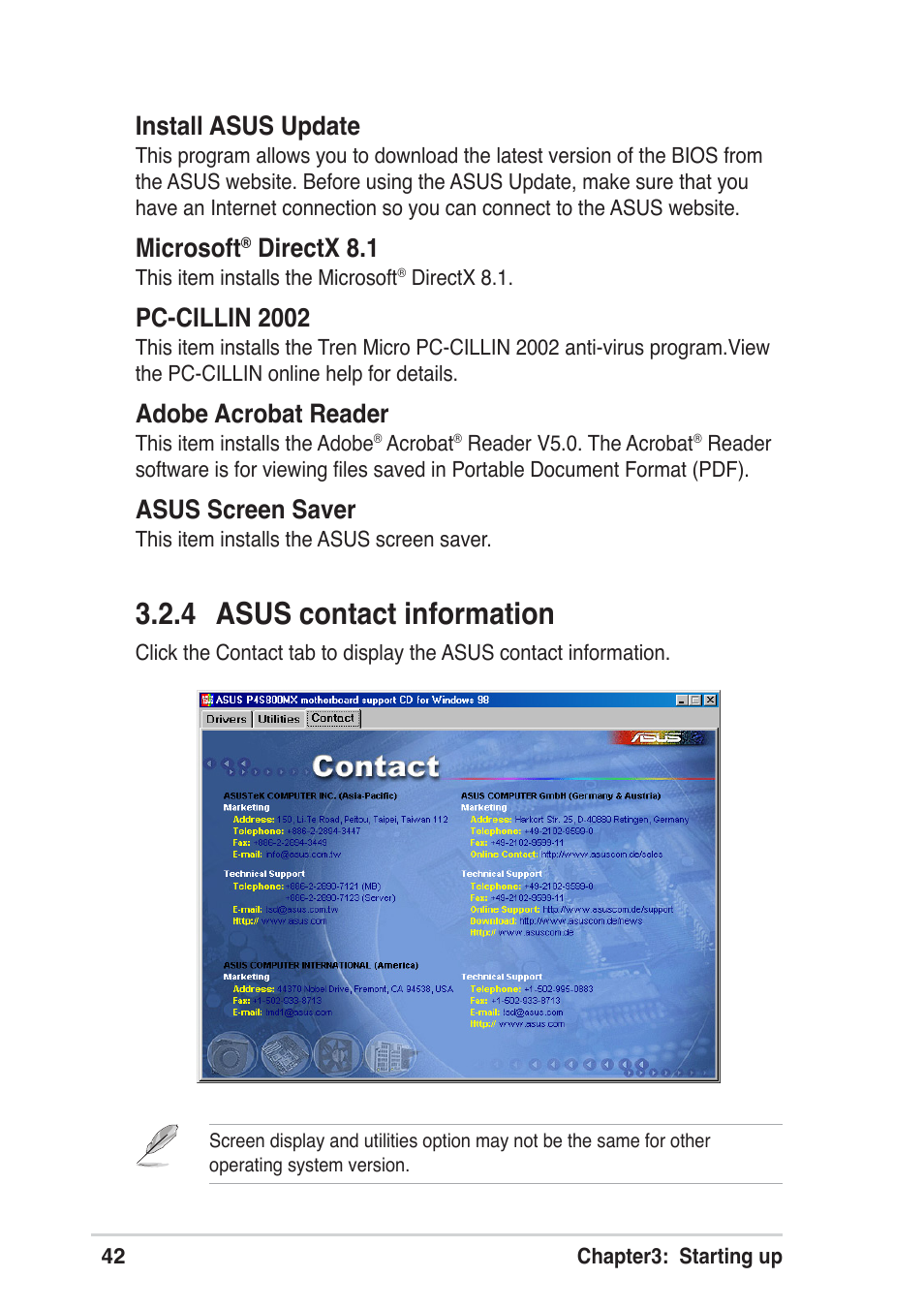 4 asus contact information, Install asus update, Microsoft | Directx 8.1, Pc-cillin 2002, Adobe acrobat reader, Asus screen saver | Asus Vintage User Manual | Page 42 / 86