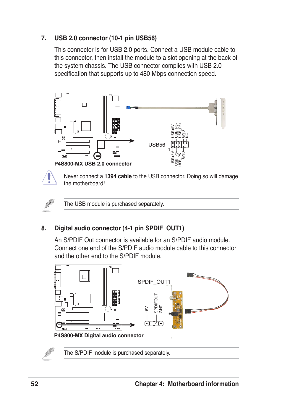 52 chapter 4: motherboard information, The usb module is purchased separately, The s/pdif module is purchased separately | Asus Vintage User Manual | Page 52 / 86