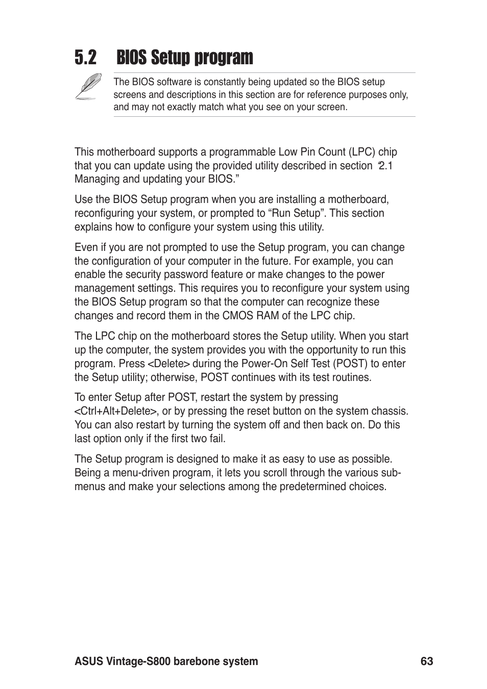 2 bios setup program | Asus Vintage User Manual | Page 63 / 86